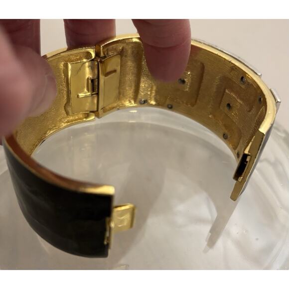 Vintage CINER Black Enamel/Rhinestone/Gold Plate Deco Clamper/Bangle/Bracelet - Picture 4 of 8
